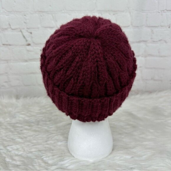 Handmade Burgundy Cable Knit Beanie Hat Women Maroon‎ Winter Cuffed Cap